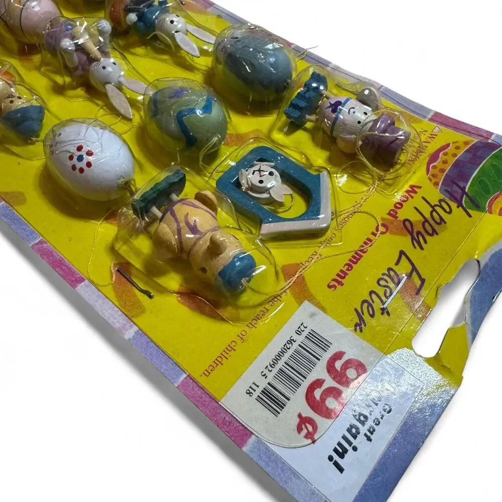 VTG Easter Wooden Painted Ornaments Set 12 Hanging Tree Decor Cottagecore Pastel